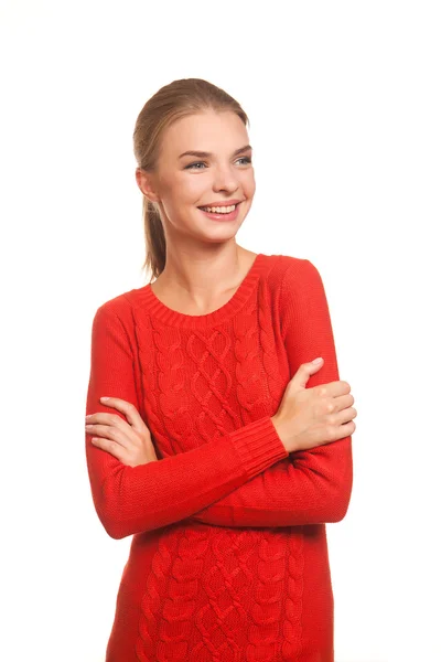 Модель позирует в красном платье на белом фоне Стоковая Картинка