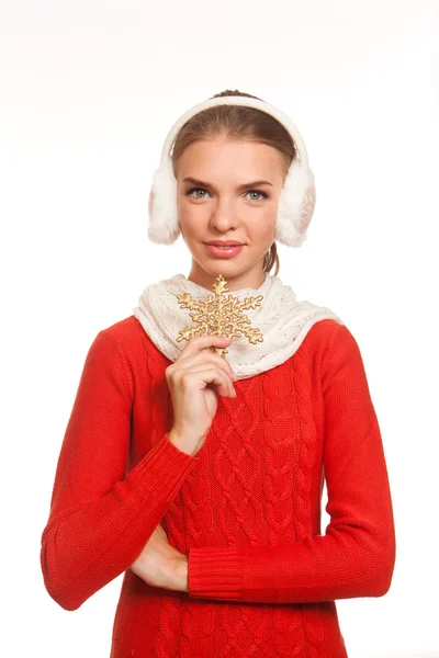 Модель позирует в красном платье на белом фоне Стоковое Изображение