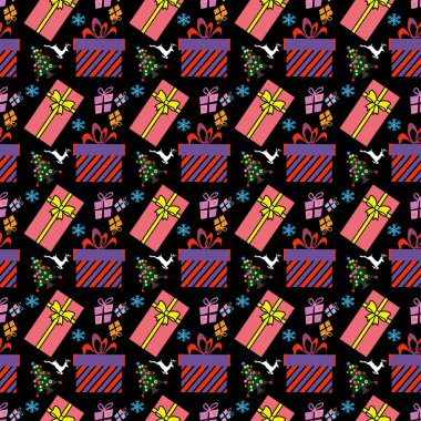 Siyah arka planda noel ağacı olan yeni yıl hediyeleri