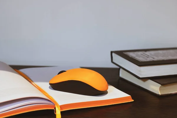 Açık bir defter üzerinde kitap ayracı olan turuncu bir bilgisayar faresi, bir yığın kitabın yanında. Metnin için yer.
