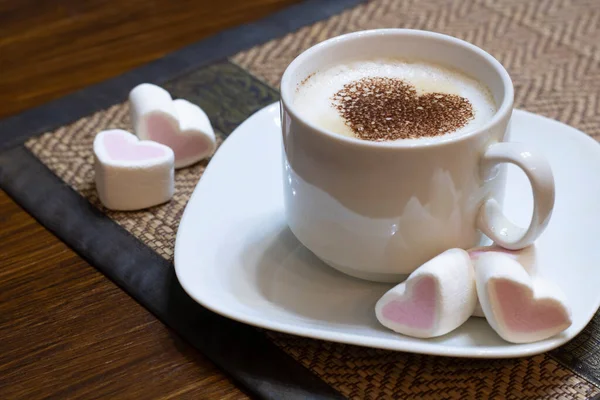 Cup Coffee Napkin Cocoa Heart Sweet Marshmallow Hearts Brown Table — Stock Photo, Image