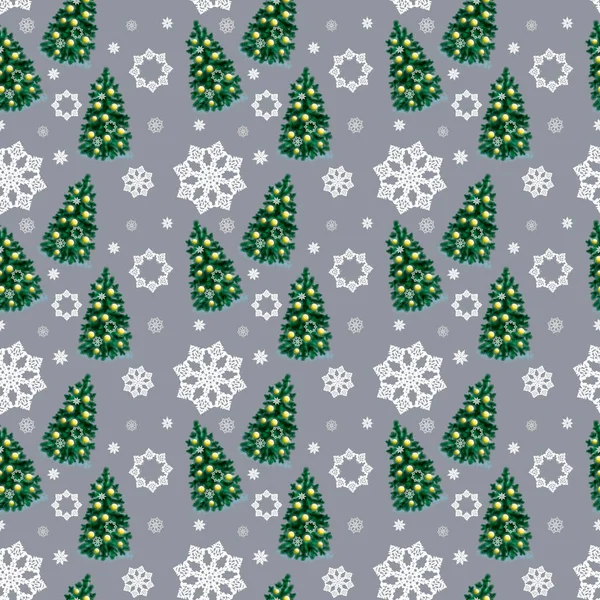 灰色の背景にシームレスなクリスマスパターン クリスマスツリーと雪の結晶 — ストック写真