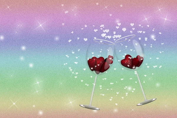 사랑 과 거품으로 가득 한 와인 잔 두 개의 하트의 형태. — 스톡 사진