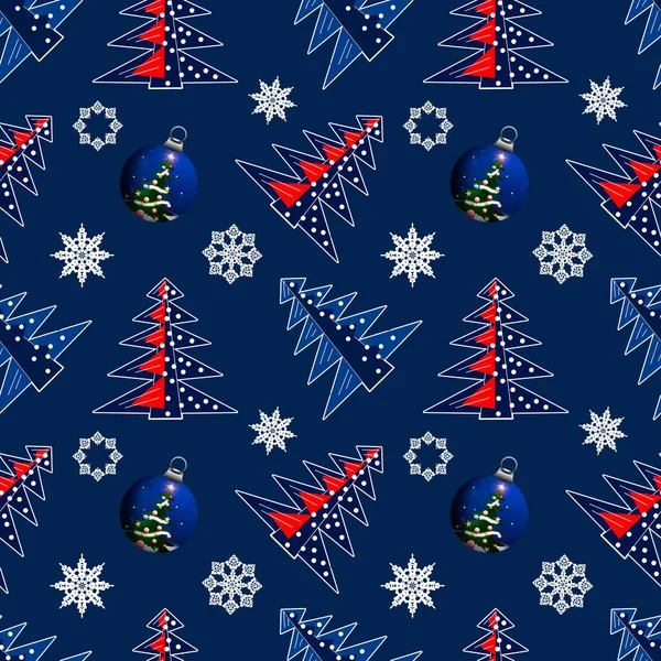 Naadloos patroon van bomen, sneeuwvlokken en kerstballen. — Stockfoto