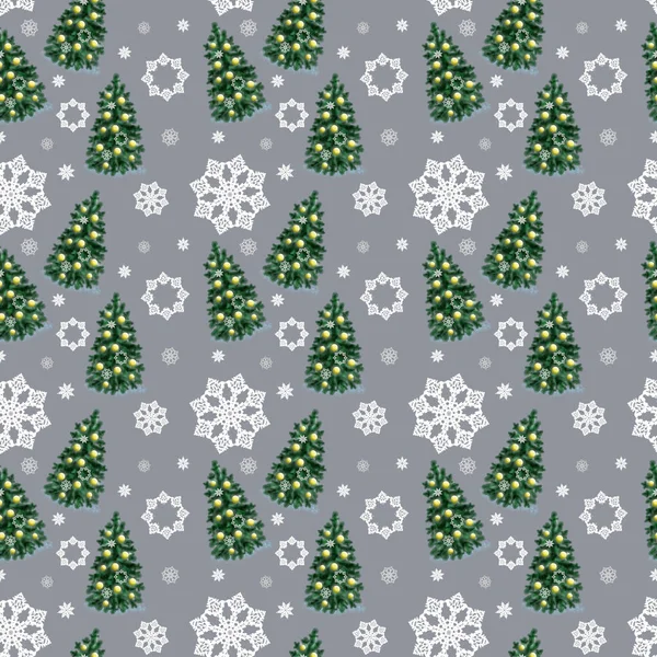 灰色の背景にクリスマスツリーと雪の結晶のパターン. — ストック写真