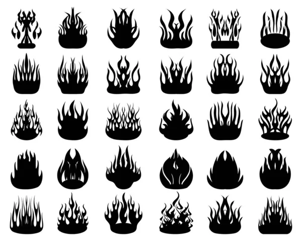 Siluetas Negras Llamas Fuego Sobre Fondo Blanco — Vector de stock