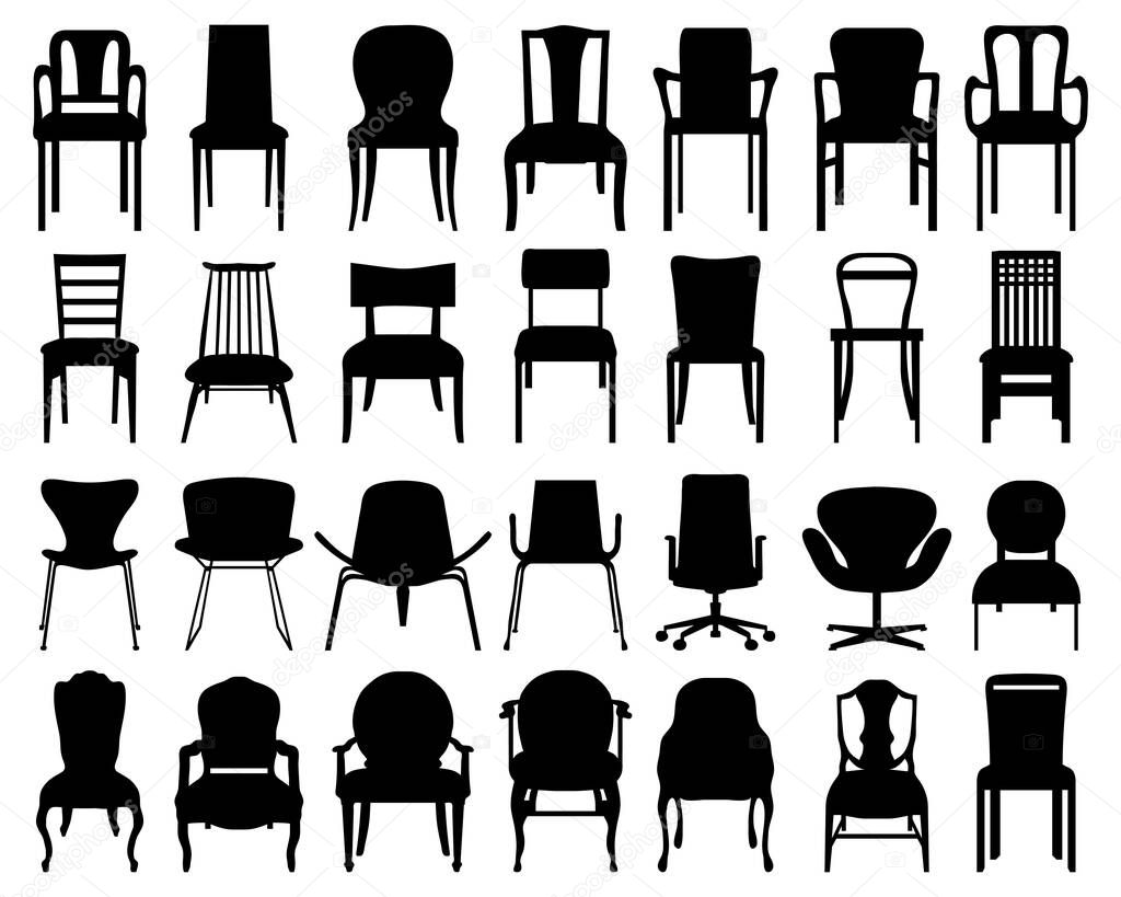 Black silhouettes of different chairs on a white background