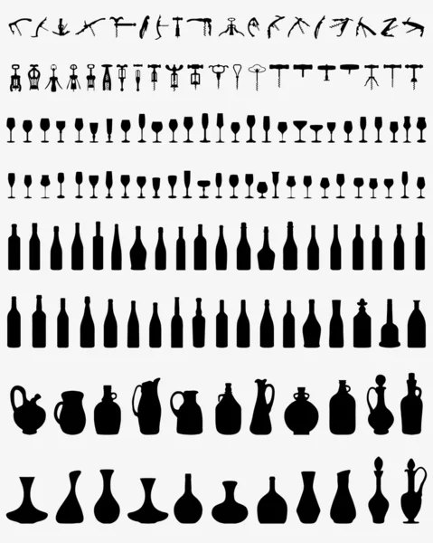 Glas, flaskor och corkscrew — Stock vektor