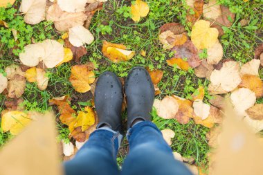 Sonbahar, kadın çizmeleri ve sarı yağmurluklu çimenlerin üzerine renkli sarı ve kahverengi yapraklar döküyor.
