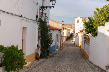 Portekiz 'deki Terena Alentejo köyünde geleneksel evler ve şato