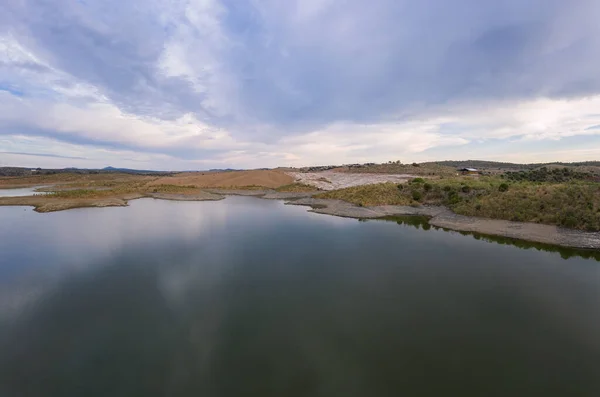 Drone Panoramica Aerea Una Diga Lago Serbatoio Tramonto Terena Portogallo — Foto Stock