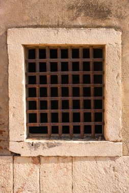 View of Juromenha castle with grid window in Alentejo, in Portugal