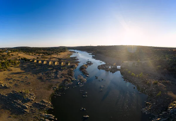 Destroyed Abandoned Ajuda Bridge Drone Aerial View Crossing Guadiana River — Foto Stock