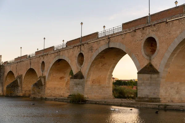 Badajoz Palmas Bridge Sunset Ducks Guadiana River Spain — Zdjęcie stockowe