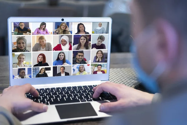 Fjärrundervisning Online Digital Videokonferens Chatt Med Student Och Klass Grupp — Stockfoto