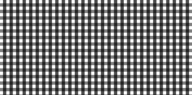 Ekose, kıyafet, gömlek, elbise, kağıt, yatak, battaniye, yorgan ve diğer tekstil ürünleri için eşkenar dörtgen / kare desenli yatay siyah ve beyaz Gingham deseni. Vektör illüstrasyonu