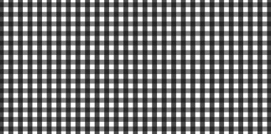 Ekose, kıyafet, gömlek, elbise, kağıt, yatak, battaniye, yorgan ve diğer tekstil ürünleri için eşkenar dörtgen / kare desenli yatay siyah ve beyaz Gingham deseni. Vektör illüstrasyonu