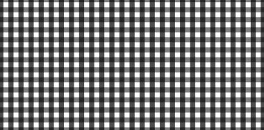 Ekose, kıyafet, gömlek, elbise, kağıt, yatak, battaniye, yorgan ve diğer tekstil ürünleri için eşkenar dörtgen / kare desenli yatay siyah ve beyaz Gingham deseni. Vektör illüstrasyonu