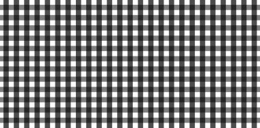 Ekose, kıyafet, gömlek, elbise, kağıt, yatak, battaniye, yorgan ve diğer tekstil ürünleri için eşkenar dörtgen / kare desenli yatay siyah ve beyaz Gingham deseni. Vektör illüstrasyonu
