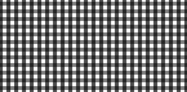Ekose, kıyafet, gömlek, elbise, kağıt, yatak, battaniye, yorgan ve diğer tekstil ürünleri için eşkenar dörtgen / kare desenli yatay siyah ve beyaz Gingham deseni. Vektör illüstrasyonu