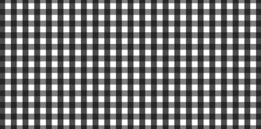 Ekose, kıyafet, gömlek, elbise, kağıt, yatak, battaniye, yorgan ve diğer tekstil ürünleri için eşkenar dörtgen / kare desenli yatay siyah ve beyaz Gingham deseni. Vektör illüstrasyonu