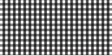 Ekose, kıyafet, gömlek, elbise, kağıt, yatak, battaniye, yorgan ve diğer tekstil ürünleri için eşkenar dörtgen / kare desenli yatay siyah ve beyaz Gingham deseni. Vektör illüstrasyonu