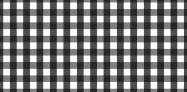 Ekose, kıyafet, gömlek, elbise, kağıt, yatak, battaniye, yorgan ve diğer tekstil ürünleri için eşkenar dörtgen / kare desenli yatay siyah ve beyaz Gingham deseni. Vektör illüstrasyonu