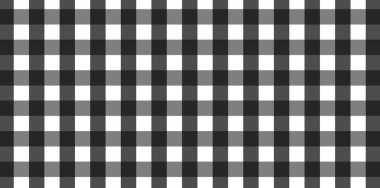 Ekose, kıyafet, gömlek, elbise, kağıt, yatak, battaniye, yorgan ve diğer tekstil ürünleri için eşkenar dörtgen / kare desenli yatay siyah ve beyaz Gingham deseni. Vektör illüstrasyonu