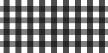 Ekose, kıyafet, gömlek, elbise, kağıt, yatak, battaniye, yorgan ve diğer tekstil ürünleri için eşkenar dörtgen / kare desenli yatay siyah ve beyaz Gingham deseni. Vektör illüstrasyonu
