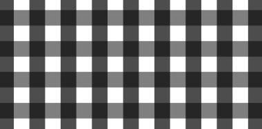 Ekose, kıyafet, gömlek, elbise, kağıt, yatak, battaniye, yorgan ve diğer tekstil ürünleri için eşkenar dörtgen / kare desenli yatay siyah ve beyaz Gingham deseni. Vektör illüstrasyonu