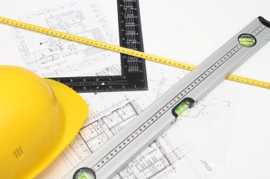 Kask ve inşaat çizimleri ve Binalar için Araçlar