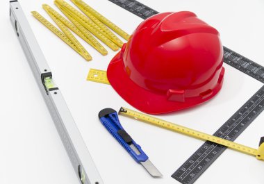 Kask ve inşaat çizimleri ve Binalar için Araçlar