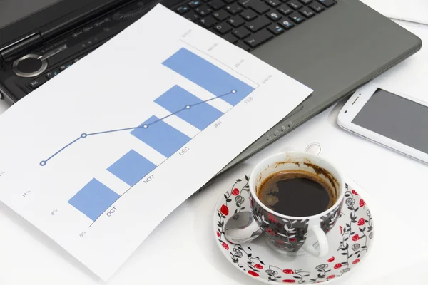 Businessman  with coffee and laptop analyzing of the  monitoring — Stock Photo, Image