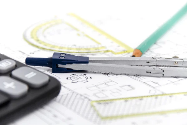 Architectural project, pair of compasses, rulers and calculator — Stock Photo, Image