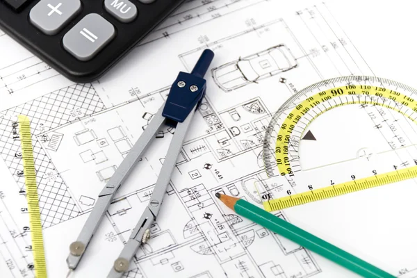 Architectural project, pair of compasses, rulers and calculator — Stock Photo, Image