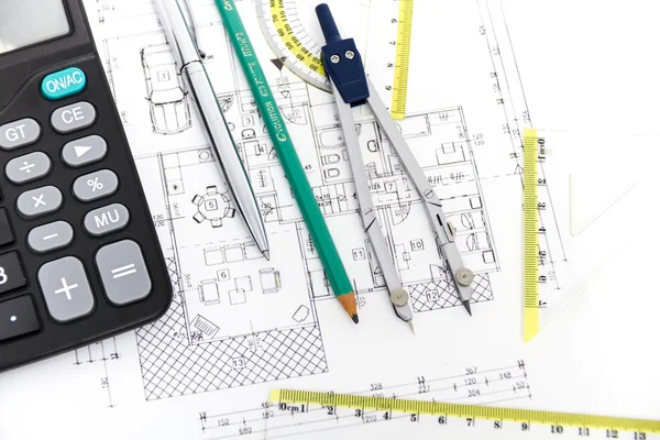 Architectural project, pair of compasses, rulers and calculator — Stock Photo, Image