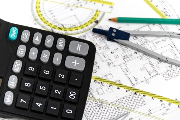 Architectural project, pair of compasses, rulers and calculator — Stock Photo, Image