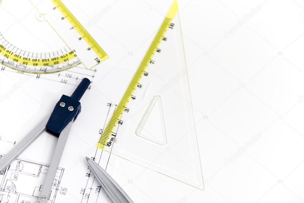 Architectural project, pair of compasses, rulers and calculator