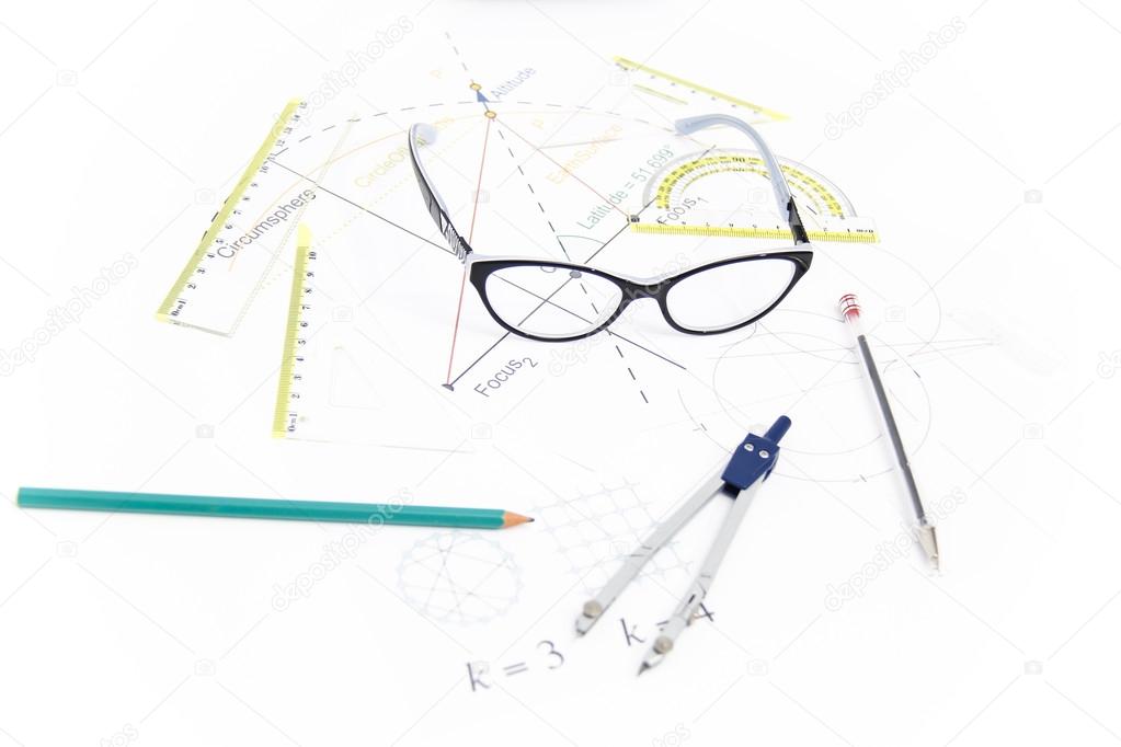 Business Architectural project, pair of compasses, glasses, rule