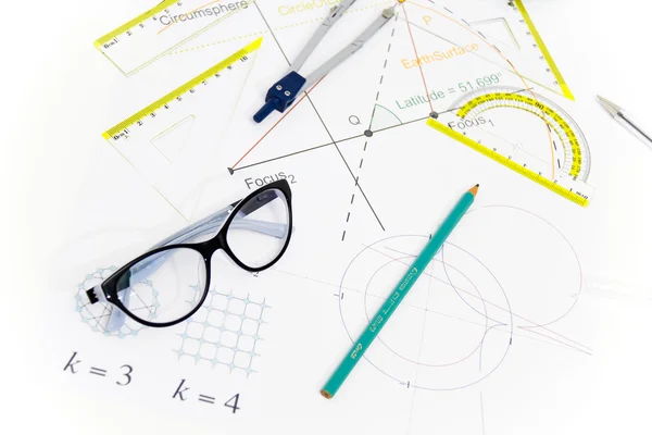 Projeto de arquitetura de negócios, par de bússolas, óculos, regra — Fotografia de Stock