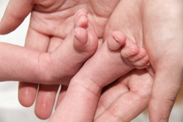 Baby's foot in mother hands, newborn baby little legs — Stock Photo, Image