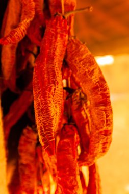 Geleneksel sonbahar kadar yakın kurutulmuş biber ve onların doku; Not alan sığ derinliği