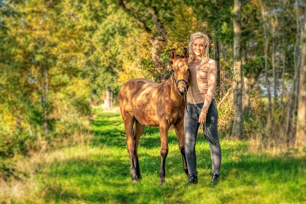 Portrait Yellow Brown Foal Young Woman Casual Cloths Autumn Trees — Stock Photo, Image