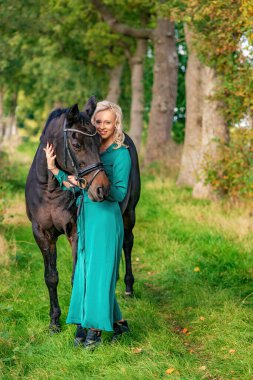 Dışarıda atıyla ilgilenen mutlu, güzel sarışın kız. Ata seçici odaklanma, alanın dar derinliği, doğrudan güneş ışığı, kopyalama alanı.