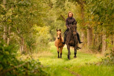 Young woman riding without saddle on her beautiful brown mare, yellow foal walks next to them, in the autumn forest.