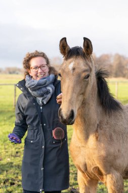 Çayırda sarı bir aygırla yağmurluk giymiş gülümseyen genç bir kadın. Meraklı atlar fırçalarken başlarını çeviriyorlar. Seçici odak