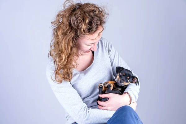 Parte de una hembra, ella con amor sostiene un pequeño cachorro Jack Russel Terrier dormido en sus brazos — Foto de Stock