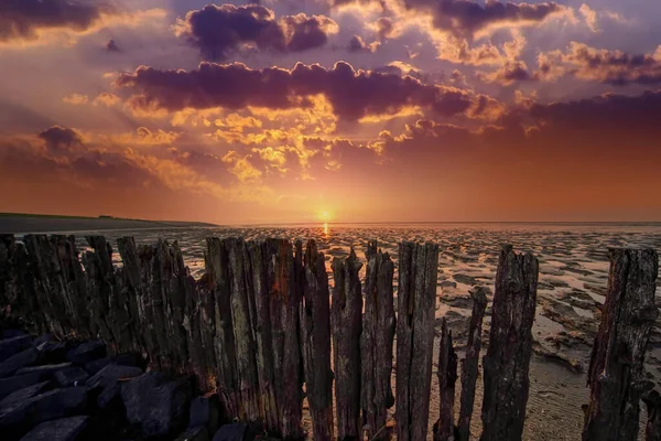 A view of the waddensea during sunset, when the tide was low. Moddergat, a small village in the province Friesland, the Netherlands — Stock Photo, Image