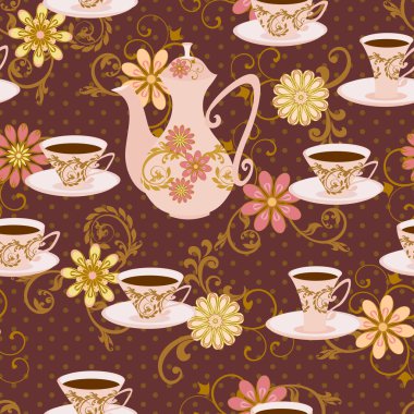Çaydanlık, çay bardak ve çiçekler ile Seamless Modeli.