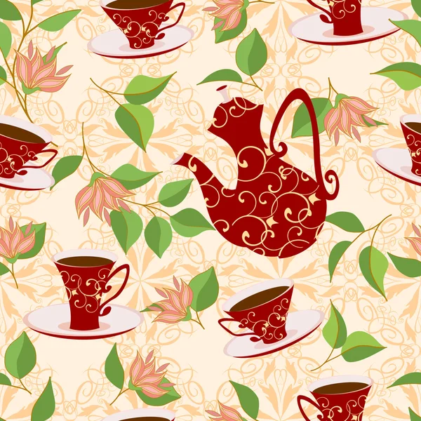 Χωρίς ραφή πρότυπο με τσαγιέρα, φλιτζάνια τσάι και ροζ λουλούδια. — Διανυσματικό Αρχείο